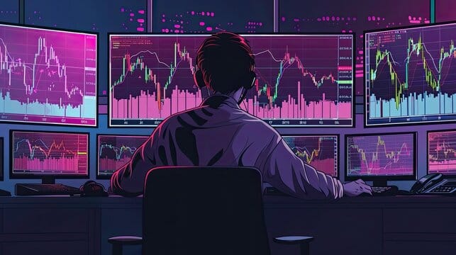 Artikkelin taustakuva ihminen tekee töitä monella näytöllä