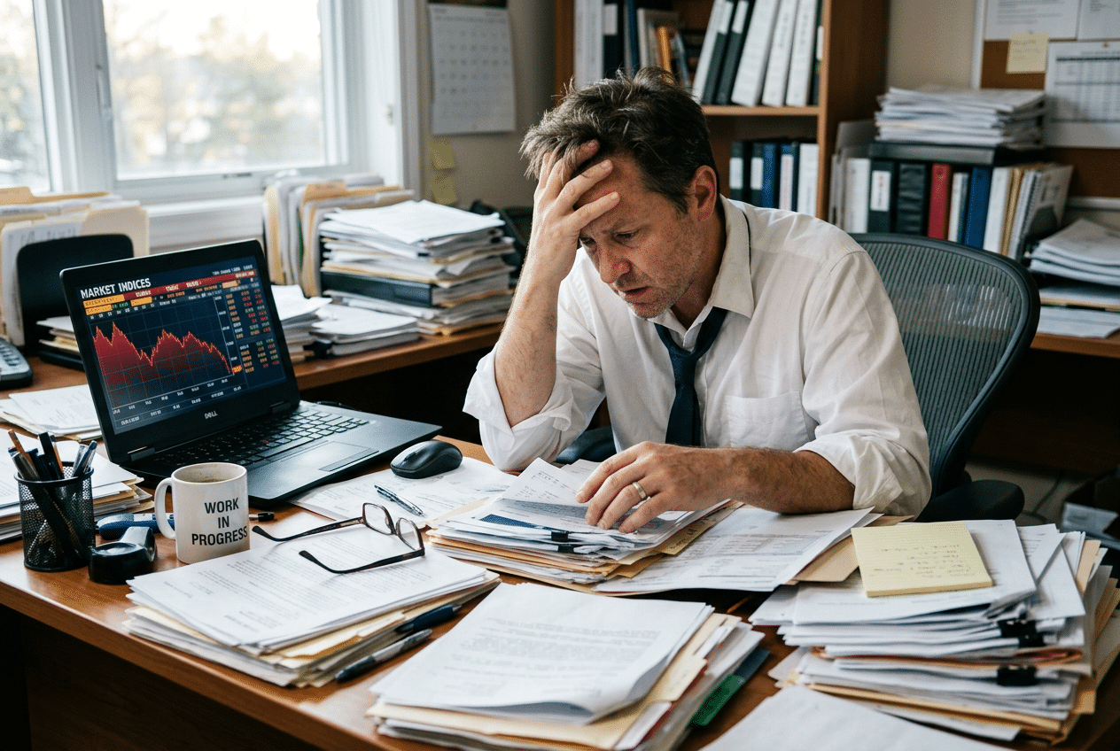 Visio artikkelit, p/e-luku artikkeli. Bisnesmies istuu työpisteellään tuskastuneena.